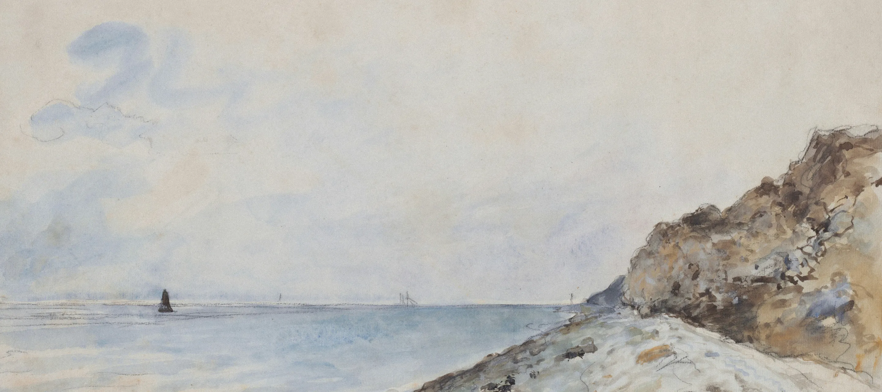Aquarell eines ruhigen Meers mit Felsen am rechten Rand.