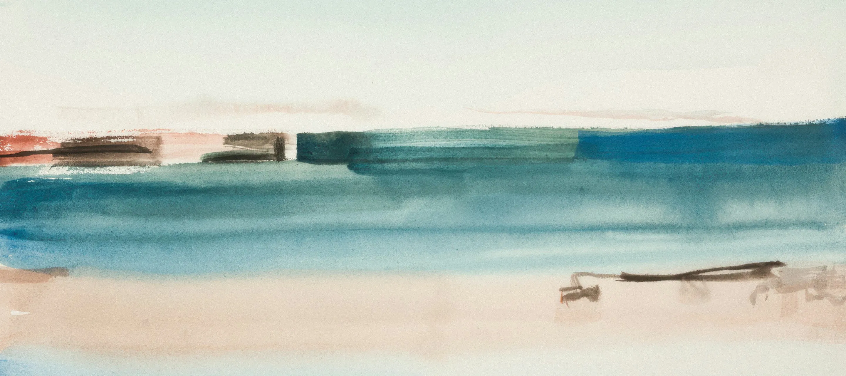 Watercolour of a shoreline with a small building at the water's edge