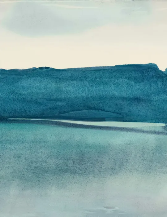 Watercolour of a still lake below a dark shoreline.