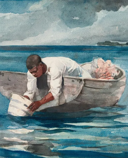 Watercolour of a man in a white shirt leaning over the side of a boat on open water.
